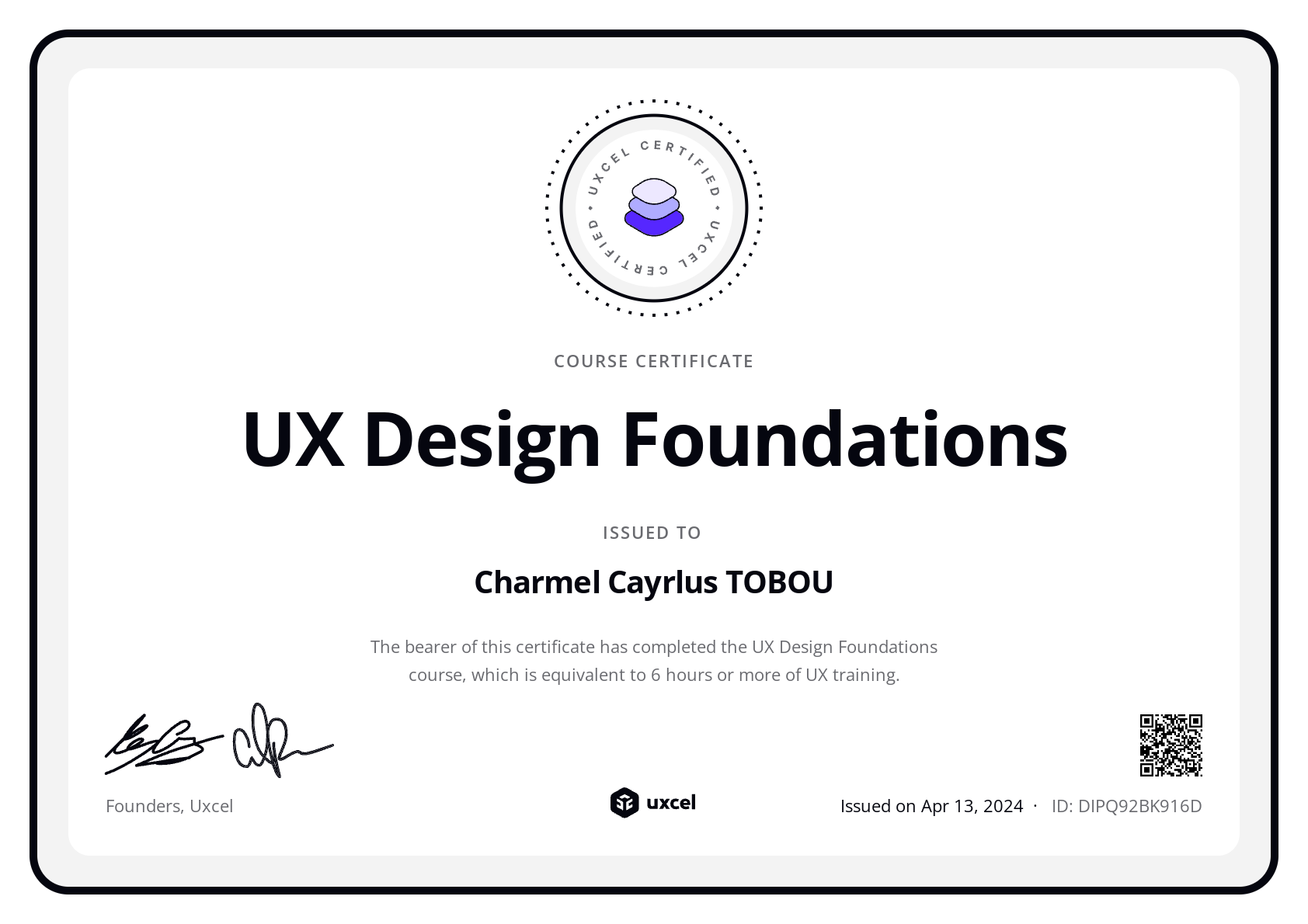 Charmel TOBOU's certificate